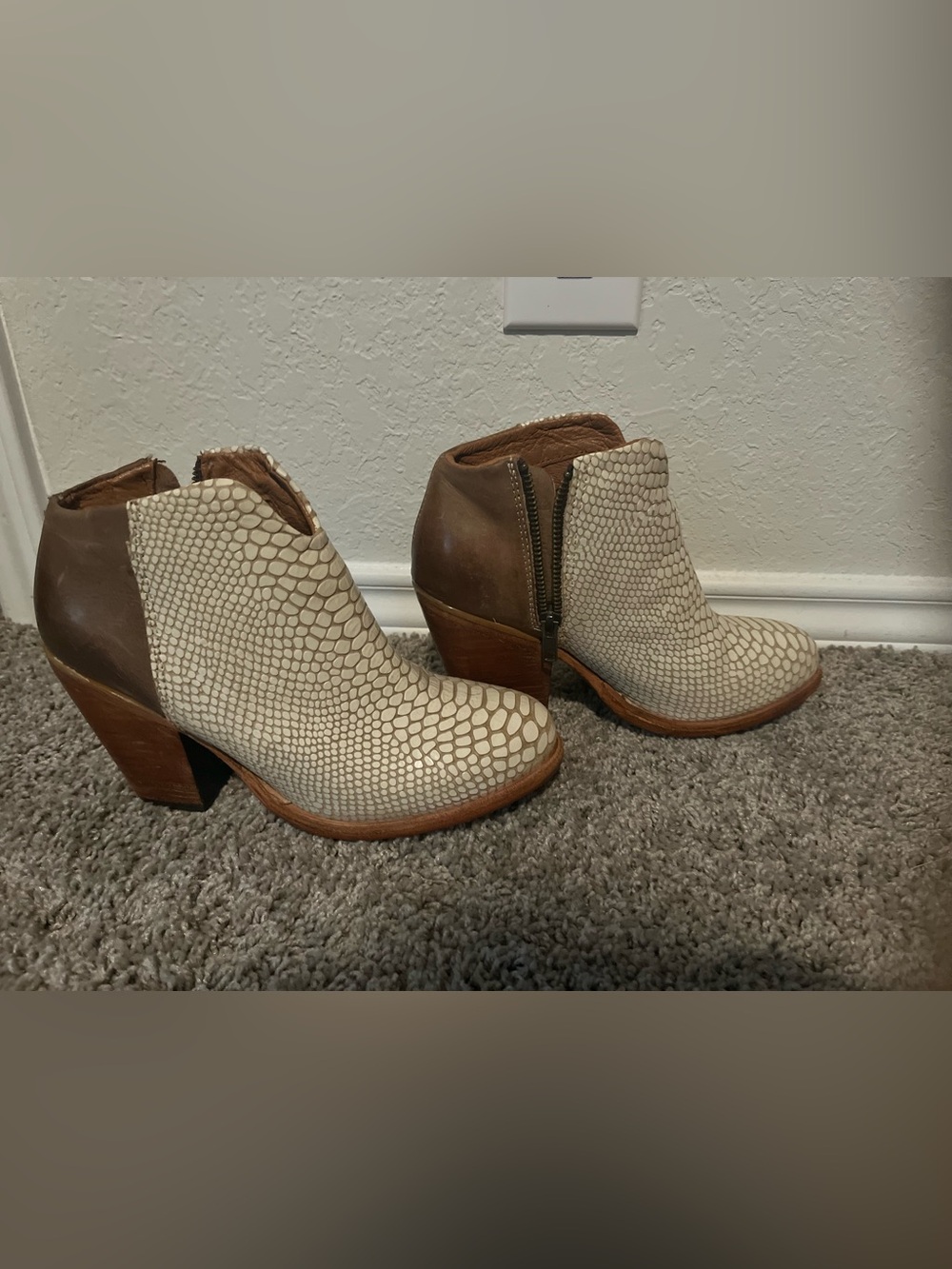 freebird Cream Textured Ankle Booties with Brown Heel